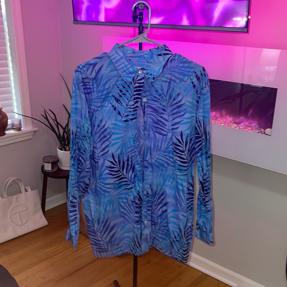 Blue Island-Print Button Down Shirt